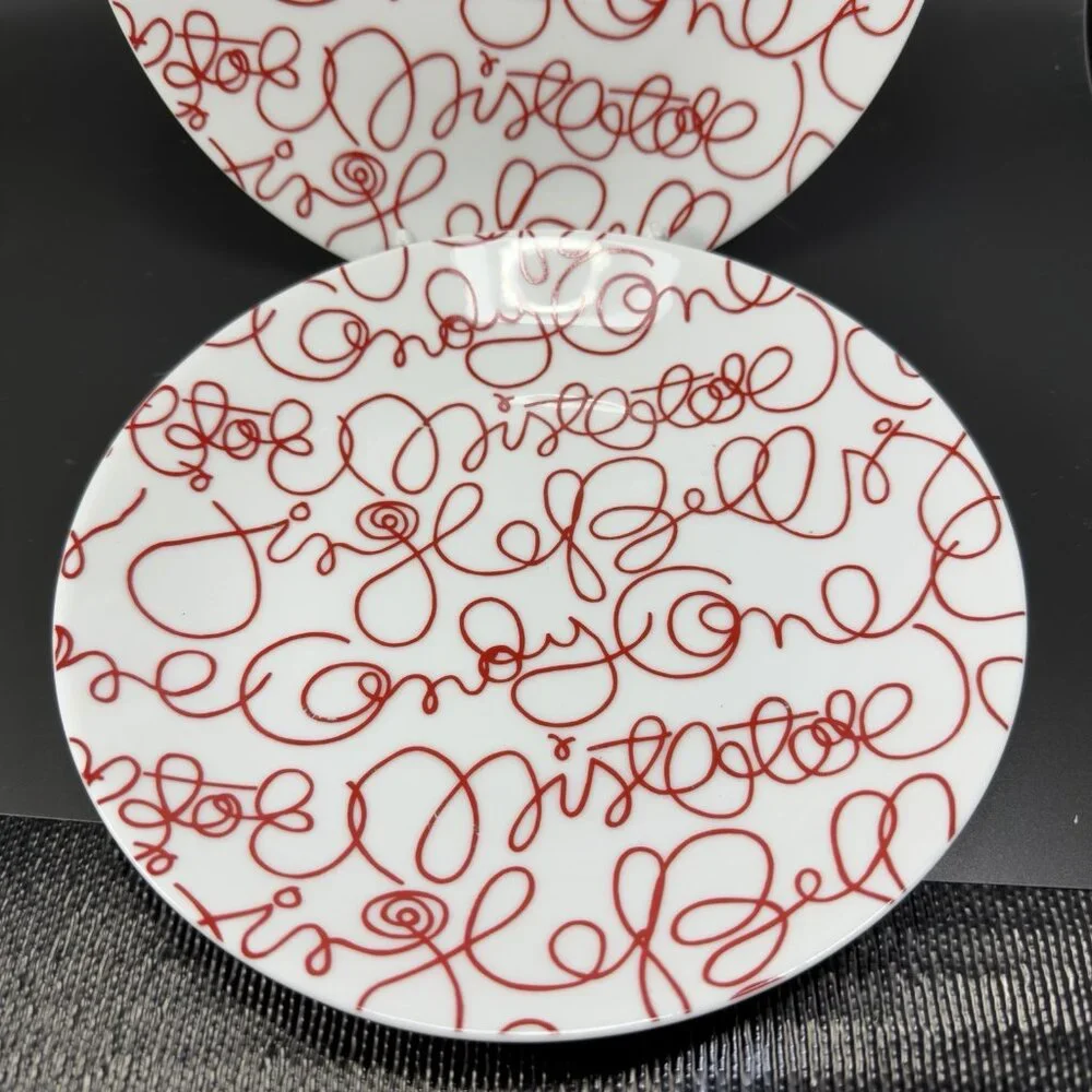 Crate & Barrel‎ Artwork Script Christmas Holiday Dish Plate Set 3 Plates 8.5inch